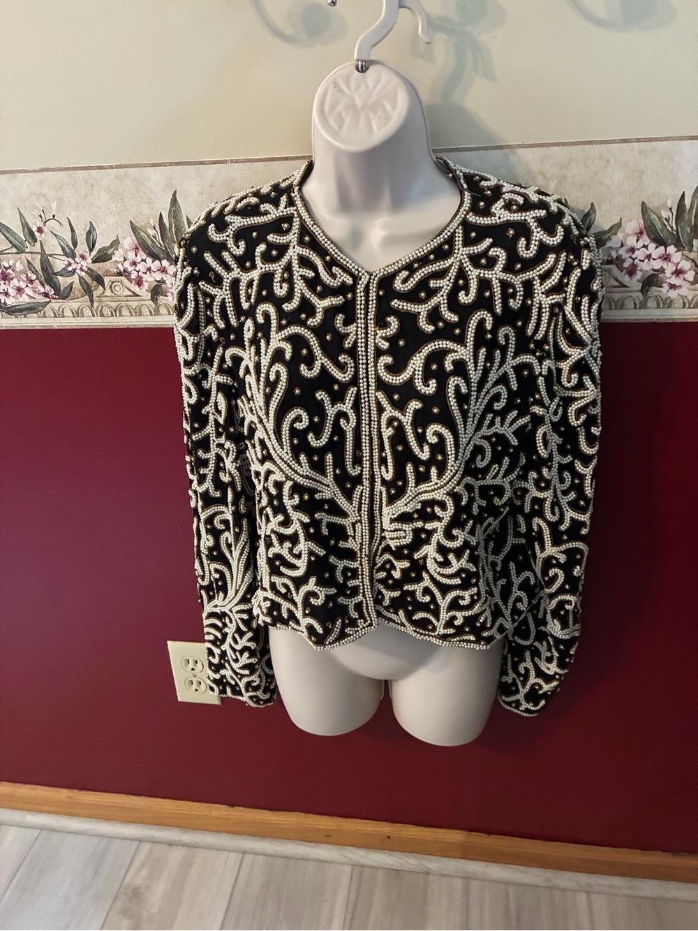 Black Beaded Evening Blazer with Ivory Scroll Embellishment